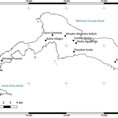 Map of Robinson Crusoe Island showing the nine areas (black dots)... | Download Scientific Diagram