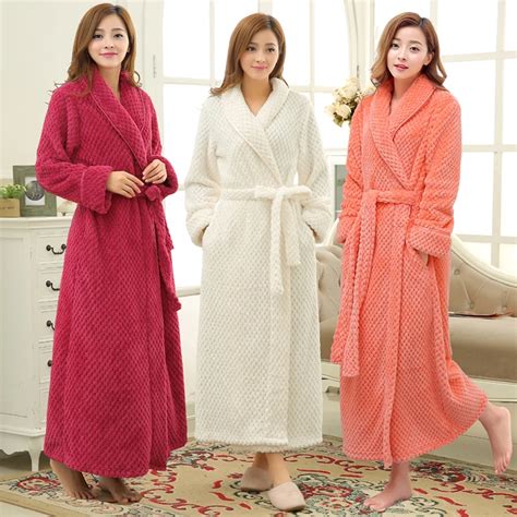 Women Winter Thermal Long Bathrobe Lovers Thick Warm Coral Fleece Kimono Bath Robe Plus Size ...