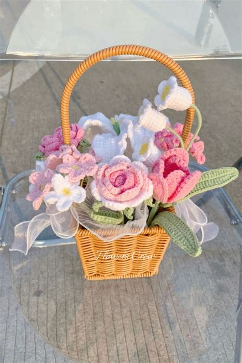 Easter floral giftcrochet flower basket with crochet rosetuliplily of ...