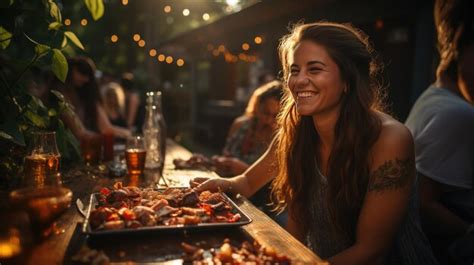 Premium AI Image | Joyful Woman Laughing at Outdoor Sunset Gathering ...