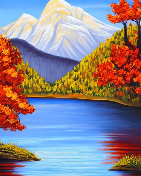 Fall Lake and Mountain Scene Painting · Creative Fabrica