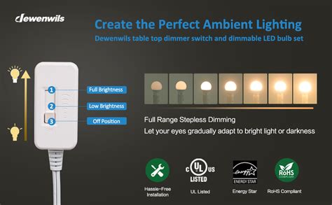 DEWENWILS Table Top Inline Dimmer Switch and Warm White Dimmable LED ...