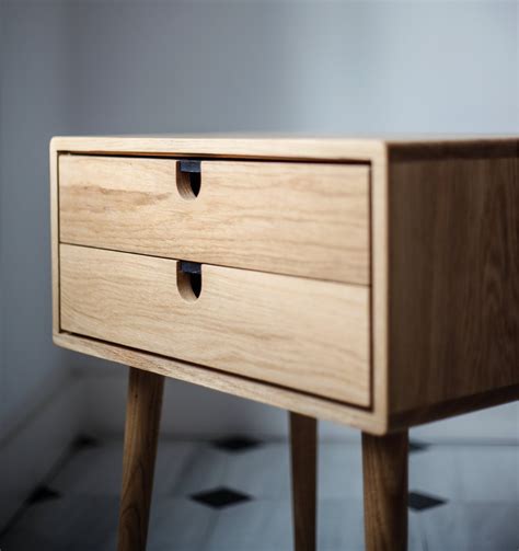 Mid Century Modern Solid Oak Nightstand with Double Drawers