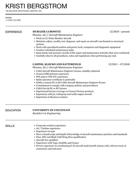 Aircraft Maintenance Engineer Resume Samples | Velvet Jobs