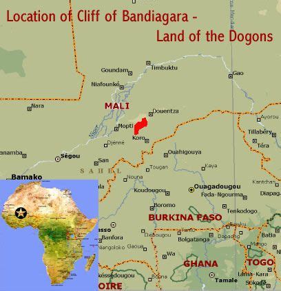 Map showing the location of the Cliff of Bandiagara (Land of the Dogons) UNESCO world heritage ...