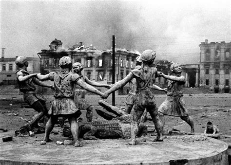 "Children's round dance" A Statue in the center of Stalingrad after Nazi air strikes, taken by ...