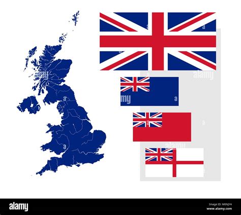 Map of the United Kingdom with rivers and four British flags - national ...