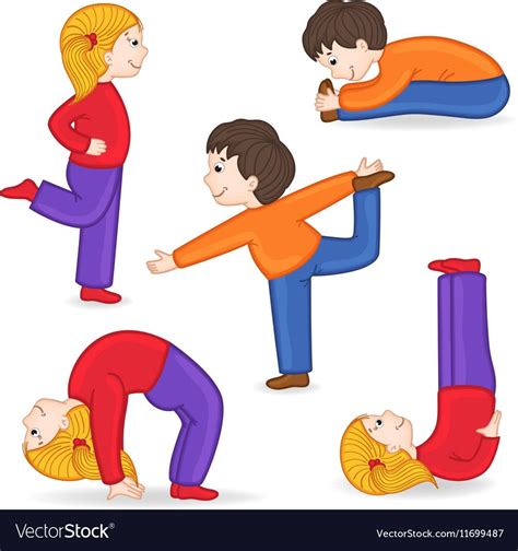 Set Of Cartoon Kids In Yoga Poses, Small Children Doing Fitness 147