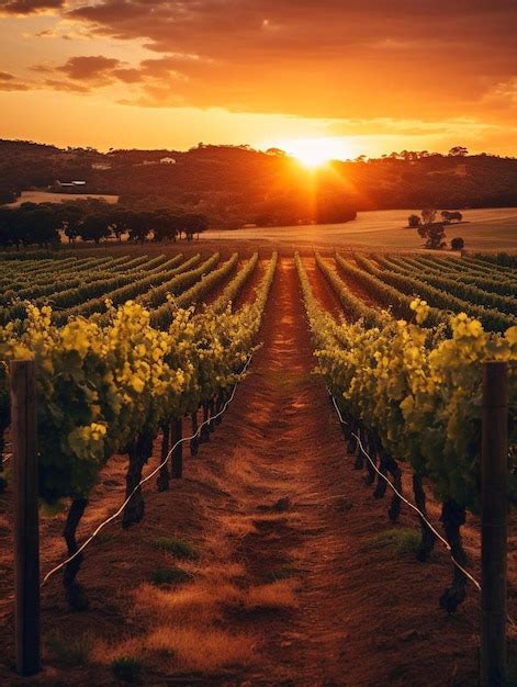 Premium AI Image | sunset over a vineyard with a sunset in the background.