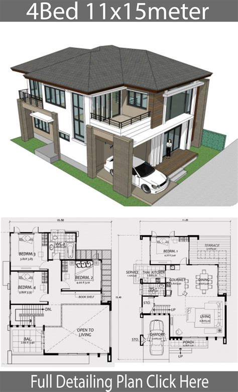 Home design 11x15m with 4 Bedrooms - Home Design with Plansearch | Architettura moderna di casa ...