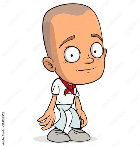 Cartoon funny sad bald cook boy character in white uniform with red tie. Layered vector for ...