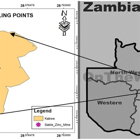 A map of Zambia indicating the location of Sable Zinc Mine in Kabwe ...