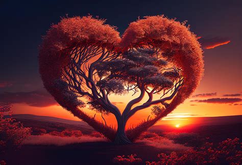 Heart shaped tree on sunset background. 3D rendering. Love concept ...