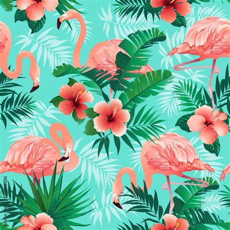 Pink flamingos, exotic birds, tropical palm leaves, trees, jungle leaves seamless vector floral ...