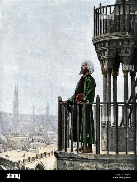 Islamic muezzin calling people to prayer, 1800s. Hand-colored halftone reproduction of an ...