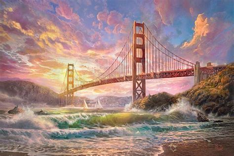 Sunset on Golden Gate Bridge., by Thomas Kinkade Studios - Village Gallery