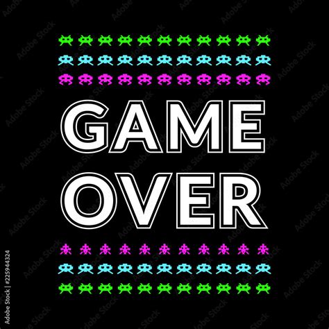 Game over slogan with space monsters and invaders. Retro arcade game background for t-shirt ...