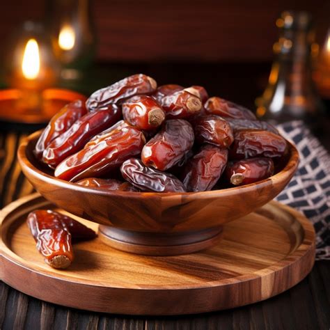 Premium AI Image | Dried date palm fruit on a wooden plate