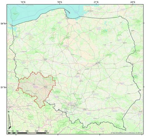 Study area (marked) compared with Poland borders with OpenStreetMap ...