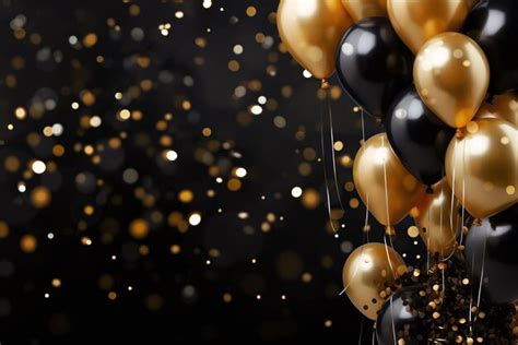 Premium AI Image | Golden and black balloons with confetti on black background