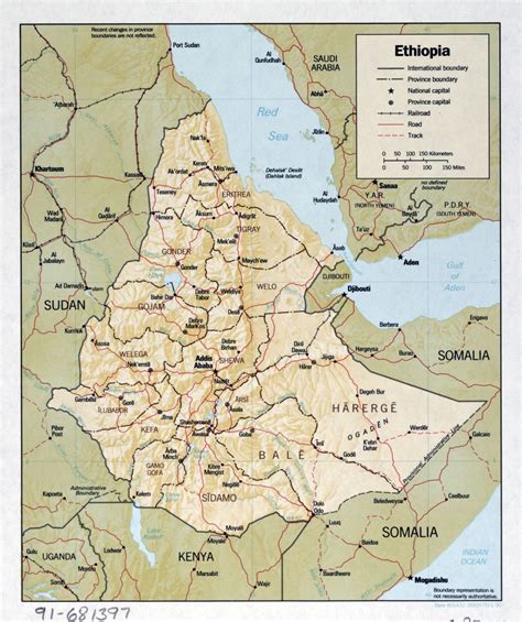 Large detailed political and administrative map of Ethiopia with relief, roads, railroads and ...