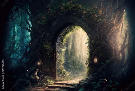 magic gateway in a fantasy. digital art. illustration. doorway to another realm in the elven ...