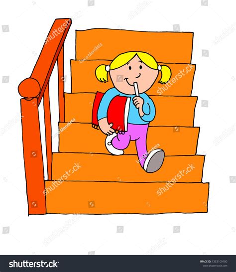 Cute Illustration Girl Going Down Stairs Stock Illustration 1353109100 | Shutterstock