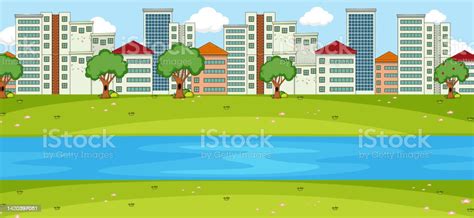 Horizontal Scene With River And Cityscape Background Stock Illustration ...