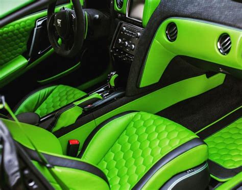 Nissan GT-R custom interior lime green and black hexagon stitch pattern | Car interior, Nissan ...