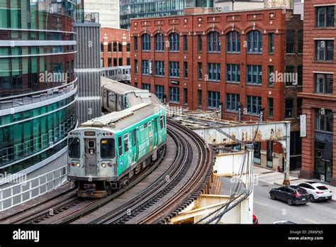 Chicago, United States - May 2, 2023: Chicago "L" Elevated Metro rapid rail transit train public ...