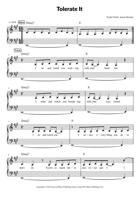 Tolerate It (arr. Pave) by Taylor Swift Sheet Music for Piano & Vocal at Sheet Music Direct