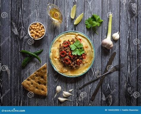 Hummus with Meat. Traditional Arab Food of Lamb. Stock Photo - Image of ...