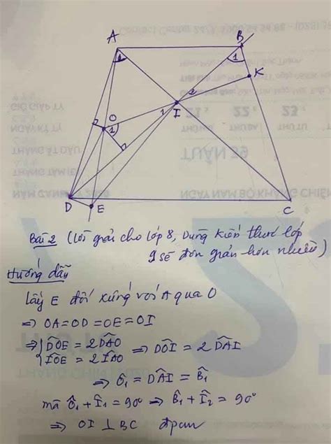 Cau1: Cho hình thang cân ABCD có AB//CD. Gọi O là giao điểm của hai đường chéo, I là giao điểm ...