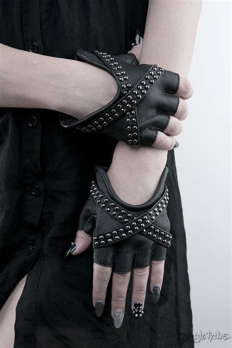 X GLAM Studded Black Leather Fingerless Gloves