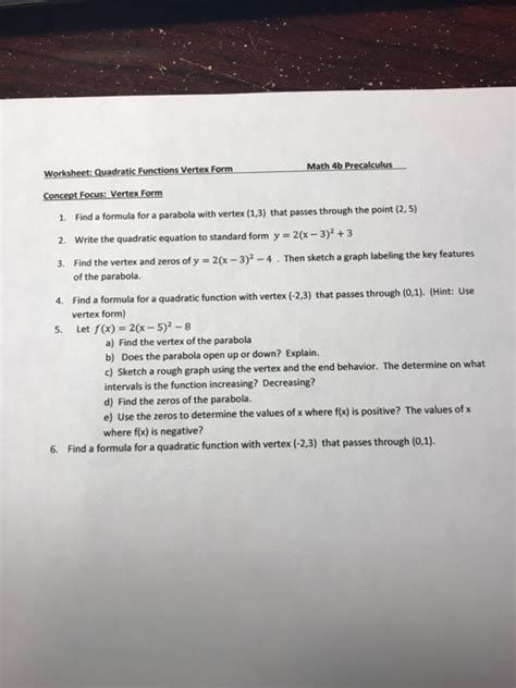 Solved Worksheet: Quadratic Functions Vertex Form 1. Find a | Chegg.com