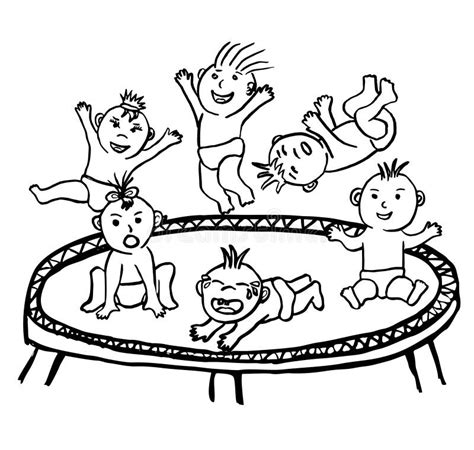 Vector Black and White Linear Sketch of Funny Babies Jumping on a ...