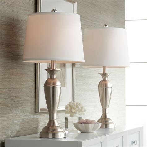 Regency Hill Modern Table Lamps Set of 2 Brushed Steel Metal White Drum Shade for Living Room ...