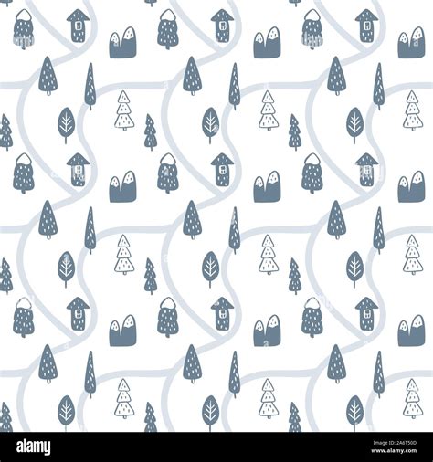 Cartoon winter Christmas map seamless pattern. Vector landscape with ...