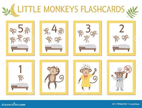 Vector Set of Educational Flashcards with Cute Five Little Monkeys ...