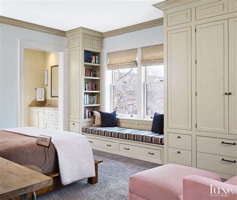 Modern Neutral Bedroom with Striped Window Seat - Luxe Interiors + Design | Bedroom seating ...