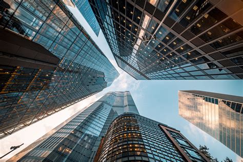 Looking directly up at the skyline of the financial district in central ...