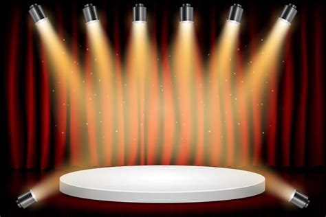 White Round Winner Podium on Red Curtain Theater Scene Stage Background. Stage with Studio ...