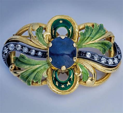 Art Nouveau Sapphire Diamond Enamel Gold Brooch For Sale at 1stdibs