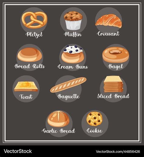 Different types of bread with name Royalty Free Vector Image