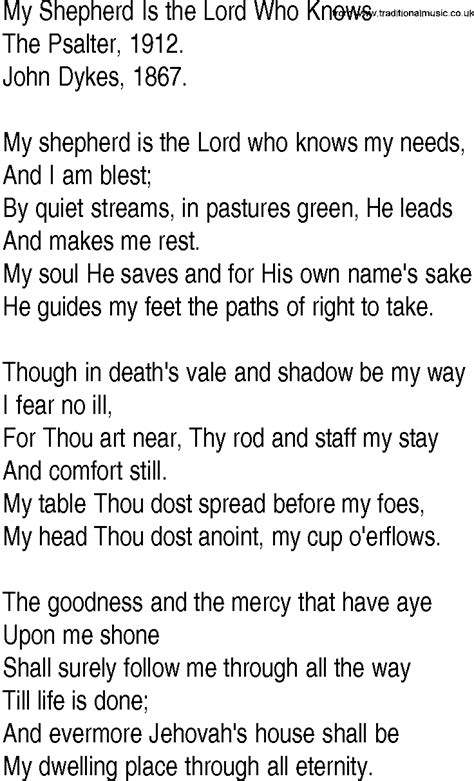 Hymn and Gospel Song Lyrics for My Shepherd Is the Lord Who Knows by The Psalter