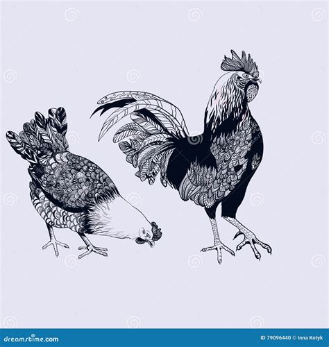 Vector Drawing of a Rooster and a Hen. Stock Vector - Illustration of ...