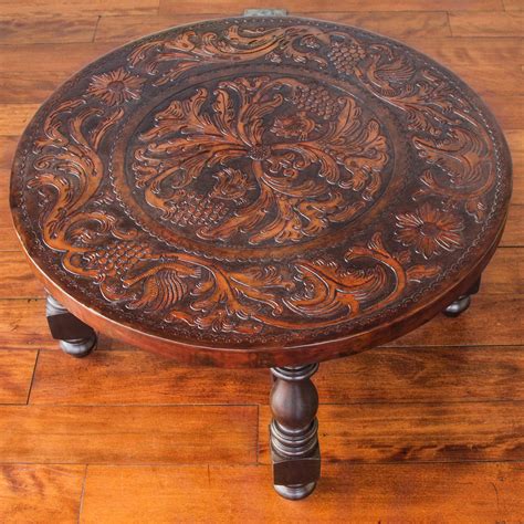 Mohena wood and leather circular coffee table, 'Vineyard Birds ...