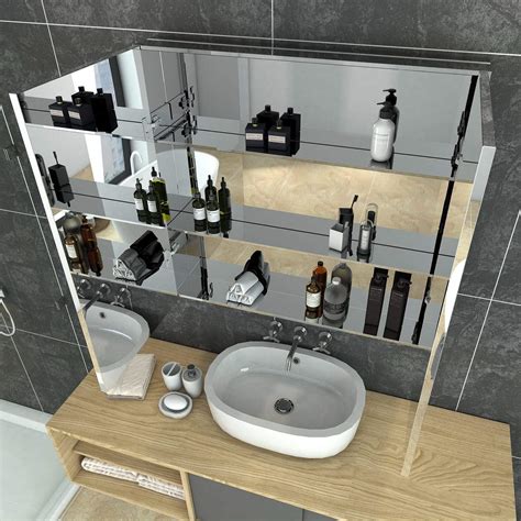 750x720mm Bathroom Mirror Cabinet Storage Polished Stainless Steel Wal ...