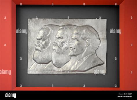 Exhibition of portraits Karl Marx, Friedrich Engels, Vladimir Ilyich Ulyanov Lenin in one of ...