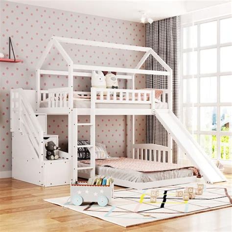 Harper & Bright Designs White Twin Over Twin Wood House Bunk Bed with 2 ...